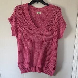 entro Pink V-Neck Short-Sleeve Knit Sweater with Pocket